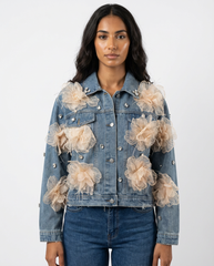 DEAT Women's Denim Coat Feather 3d Flowers Diamonds Female Long Sleeve Single Breasted Jackets 2026 Spring New Fashion 29A5797 - front
