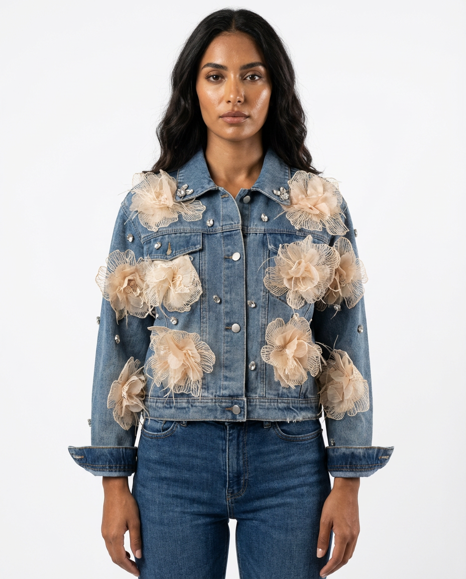DEAT Women's Denim Coat Feather 3d Flowers Diamonds Female Long Sleeve Single Breasted Jackets 2026 Spring New Fashion 29A5797 - front - Blue