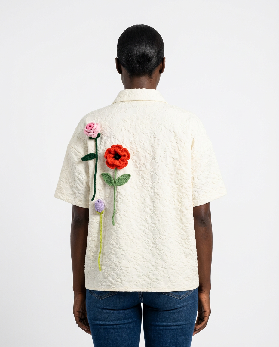 DEAT Women Shirt 3D Flower Turn Down Collar Loose Patchwork Single Breasted Short Sleeve Blouse Spring 2026 New Fashion 29A5672 - back