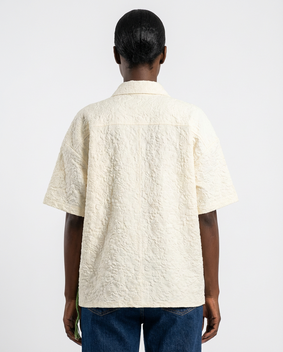 DEAT Women Shirt 3D Flower Turn Down Collar Loose Patchwork Single Breasted Short Sleeve Blouse Spring 2026 New Fashion 29A5672 - back - Beige