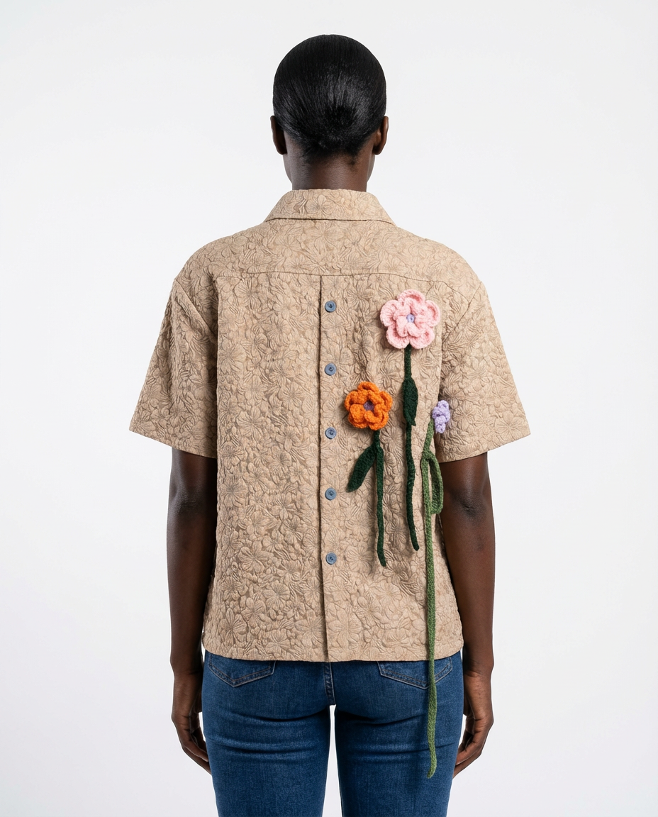 DEAT Women Shirt 3D Flower Turn Down Collar Loose Patchwork Single Breasted Short Sleeve Blouse Spring 2026 New Fashion 29A5672 - back - Khaki