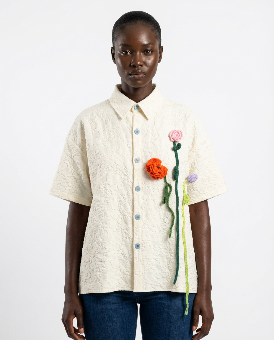 DEAT Women Shirt 3D Flower Turn Down Collar Loose Patchwork Single Breasted Short Sleeve Blouse Spring 2026 New Fashion 29A5672 - front