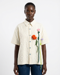 DEAT Women Shirt 3D Flower Turn Down Collar Loose Patchwork Single Breasted Short Sleeve Blouse Spring 2026 New Fashion 29A5672 - front