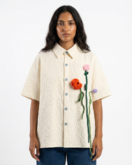 DEAT Women Shirt 3D Flower Turn Down Collar Loose Patchwork Single Breasted Short Sleeve Blouse Spring 2026 New Fashion 29A5672 - front - Beige