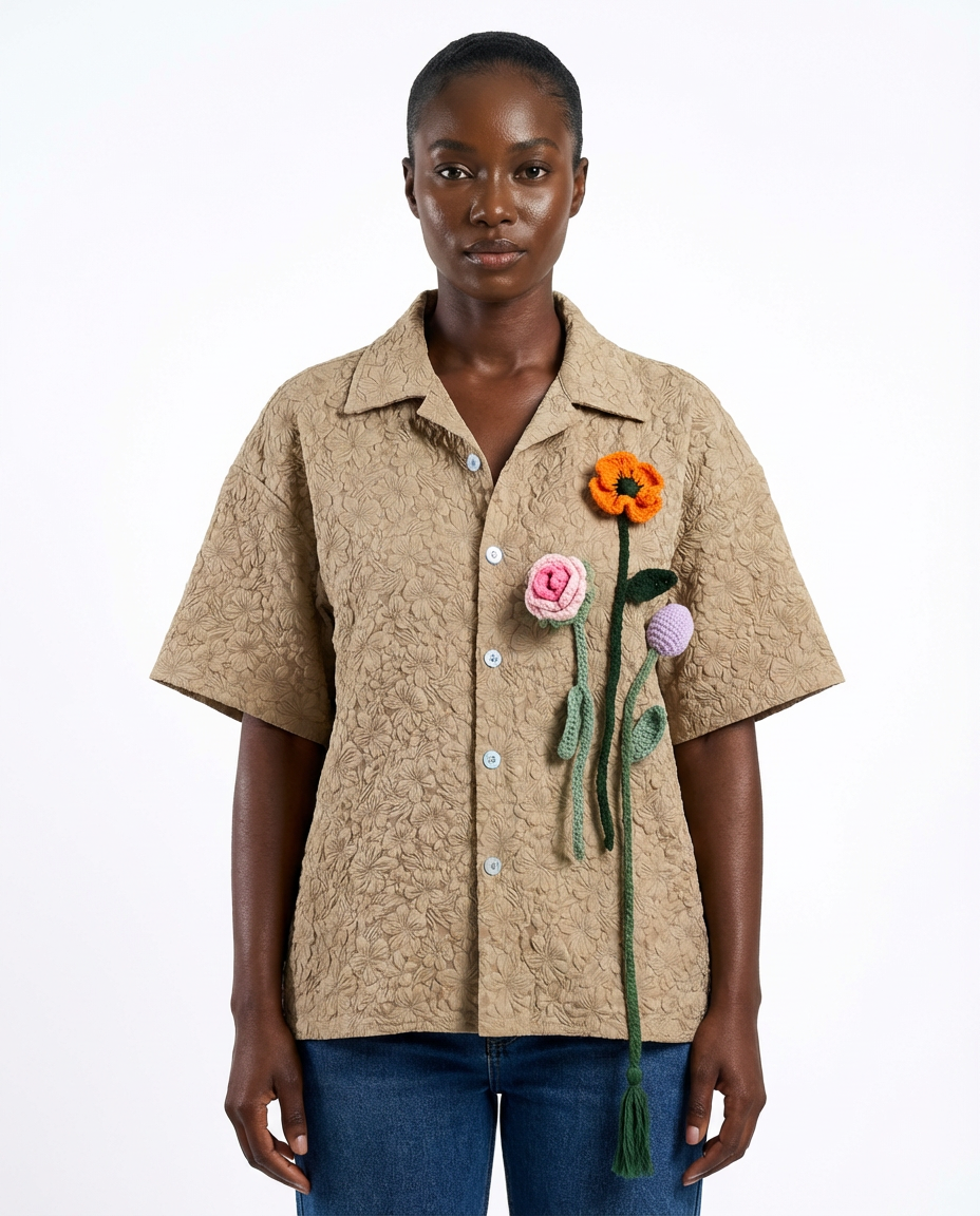 DEAT Women Shirt 3D Flower Turn Down Collar Loose Patchwork Single Breasted Short Sleeve Blouse Spring 2026 New Fashion 29A5672 - front - Khaki