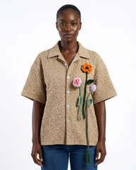 DEAT Women Shirt 3D Flower Turn Down Collar Loose Patchwork Single Breasted Short Sleeve Blouse Spring 2026 New Fashion 29A5672 - front - Khaki