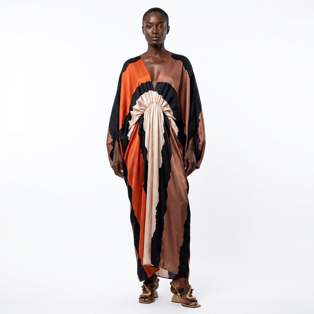 Modern Abstract Color Block Flowing Kaftan Dress - front