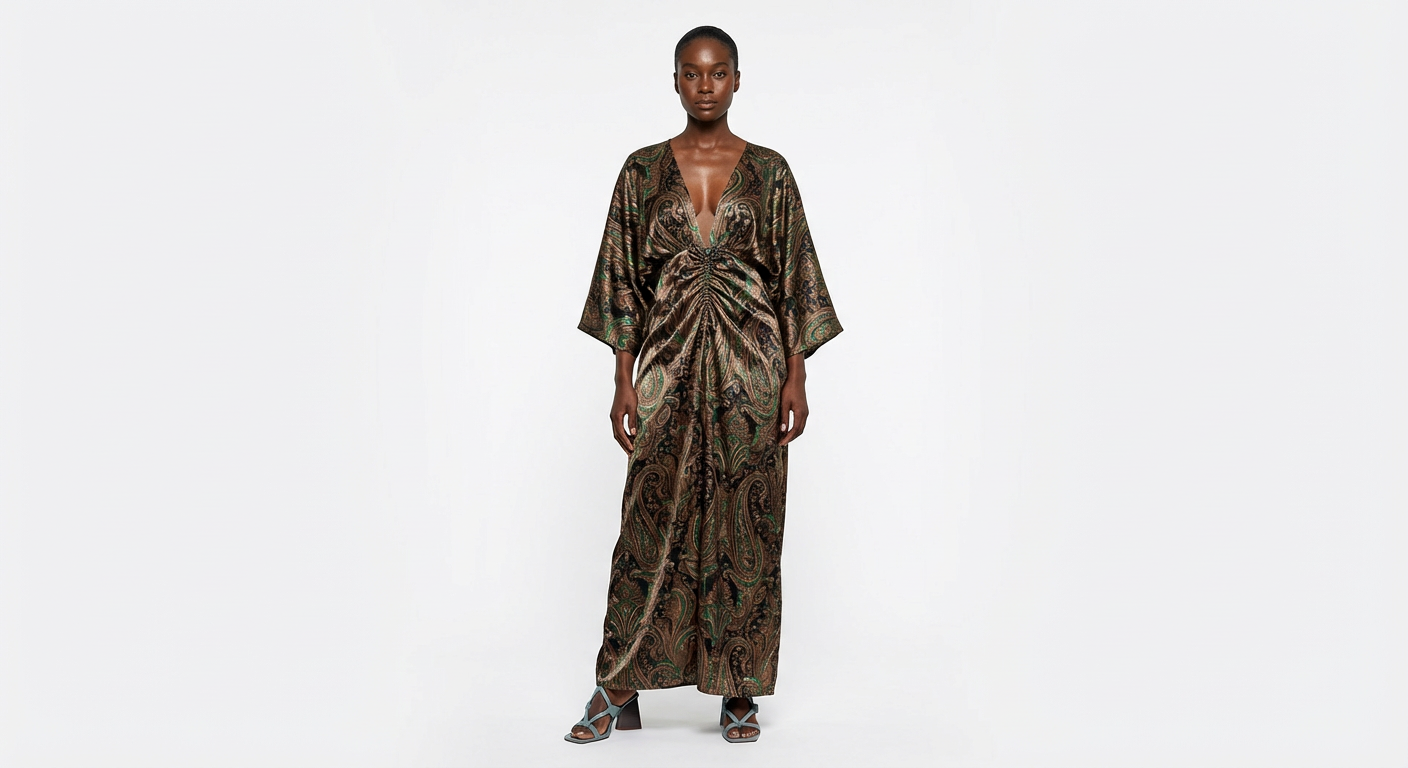 Modern Abstract Color Block Flowing Kaftan Dress - front - Black and Brown Paisley Print with Green Details