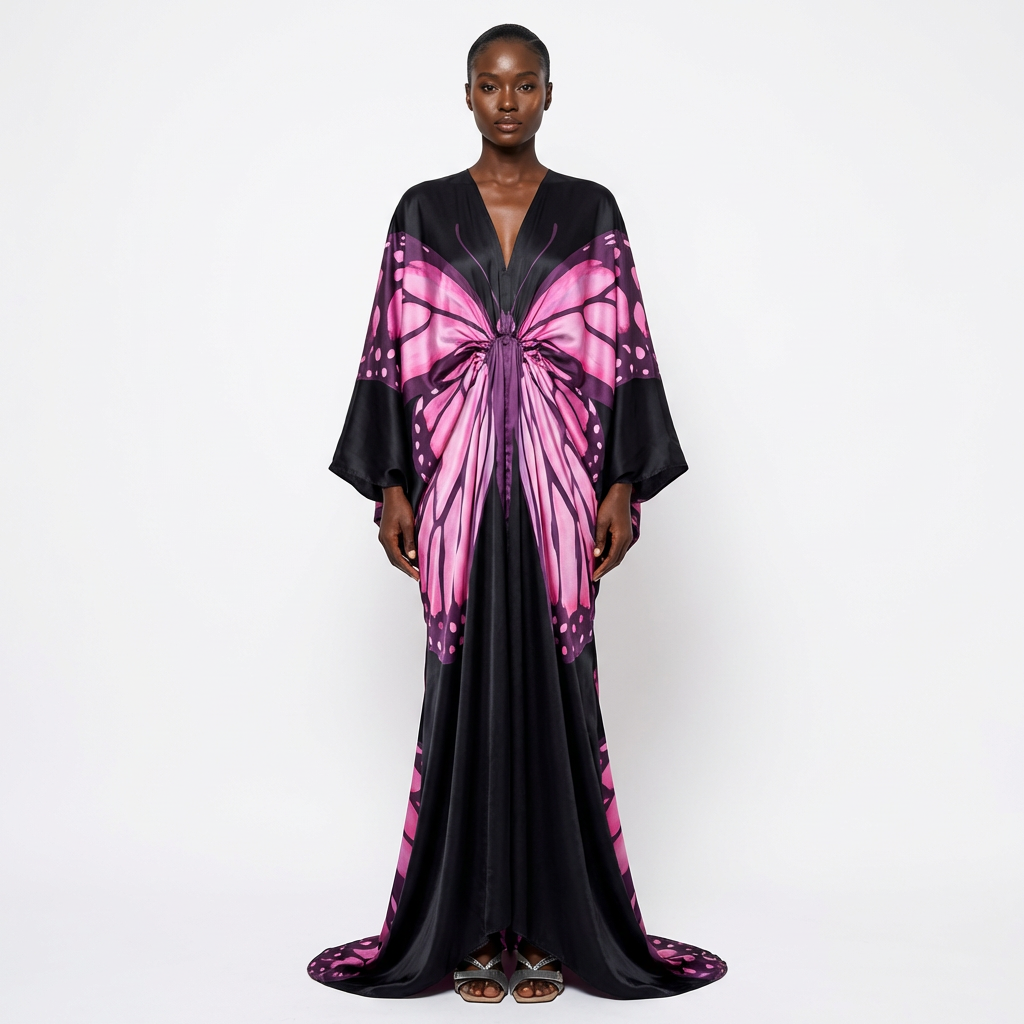 Modern Abstract Color Block Flowing Kaftan Dress - front - Black with Pink and Purple Butterfly Print