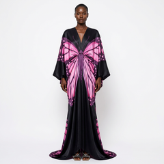 Modern Abstract Color Block Flowing Kaftan Dress - front - Black with Pink and Purple Butterfly Print