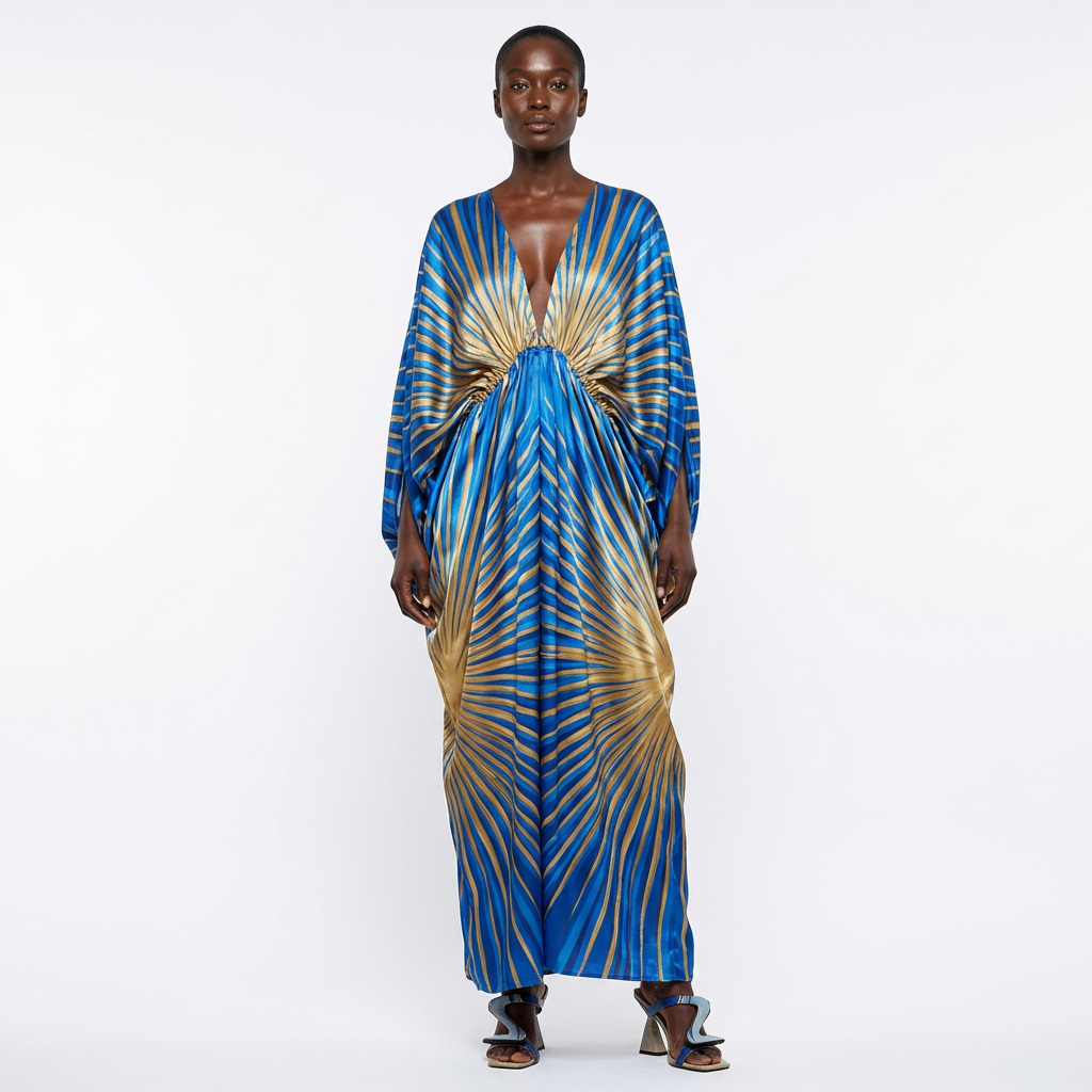 Modern Abstract Color Block Flowing Kaftan Dress - front - Blue and Gold Intricately Printed Pattern