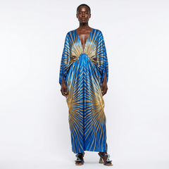 Modern Abstract Color Block Flowing Kaftan Dress - front - Blue and Gold Intricately Printed Pattern