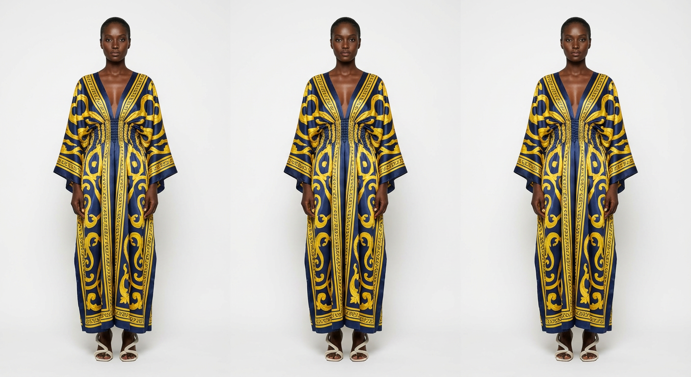 Modern Abstract Color Block Flowing Kaftan Dress - front - Navy Blue and Yellow Scarf Print Pattern