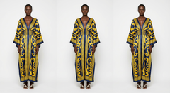 Modern Abstract Color Block Flowing Kaftan Dress - front - Navy Blue and Yellow Scarf Print Pattern