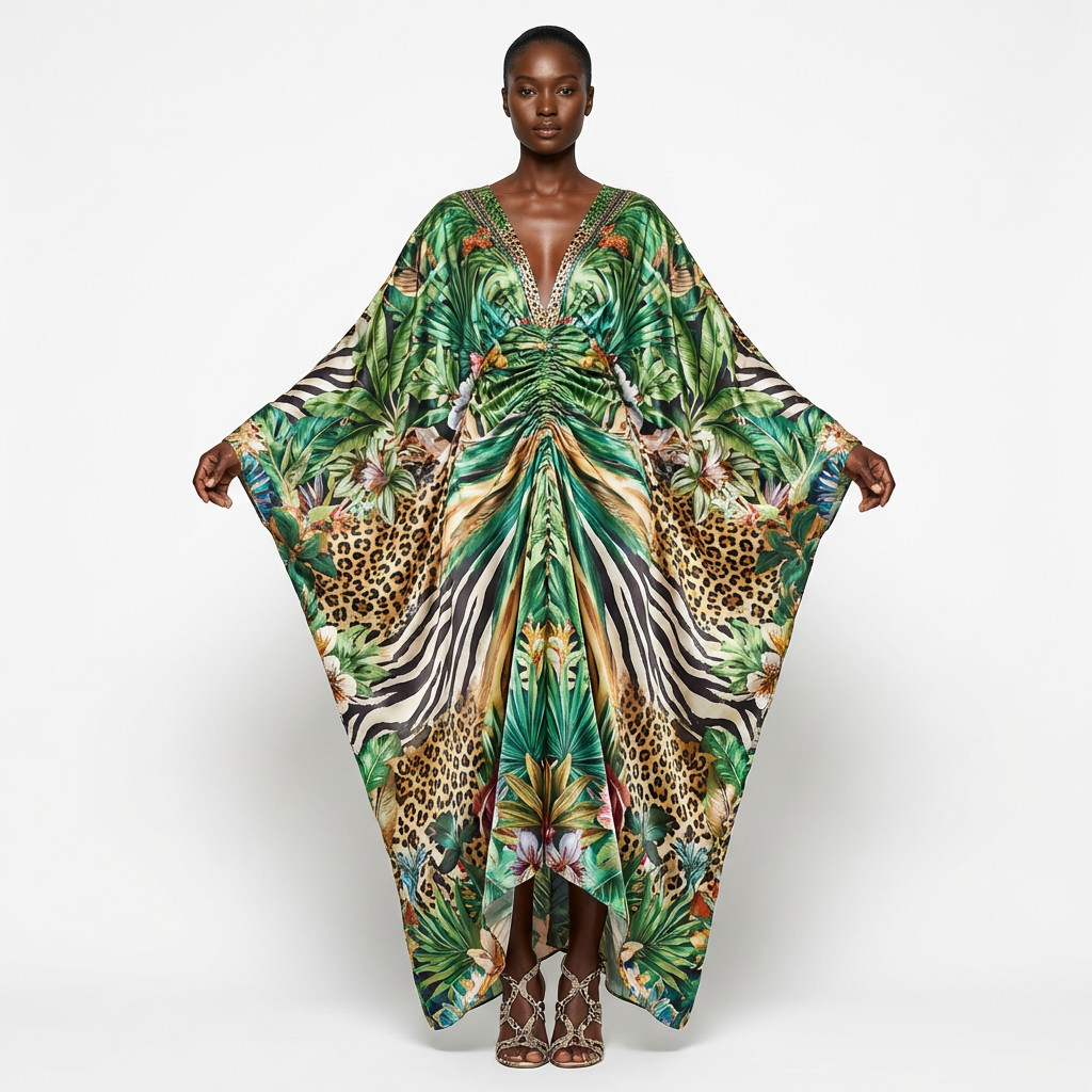 Modern Abstract Color Block Flowing Kaftan Dress - front - Vibrant Multi-Color Tropical Forest and Animal Print