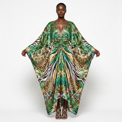 Modern Abstract Color Block Flowing Kaftan Dress - front - Vibrant Multi-Color Tropical Forest and Animal Print