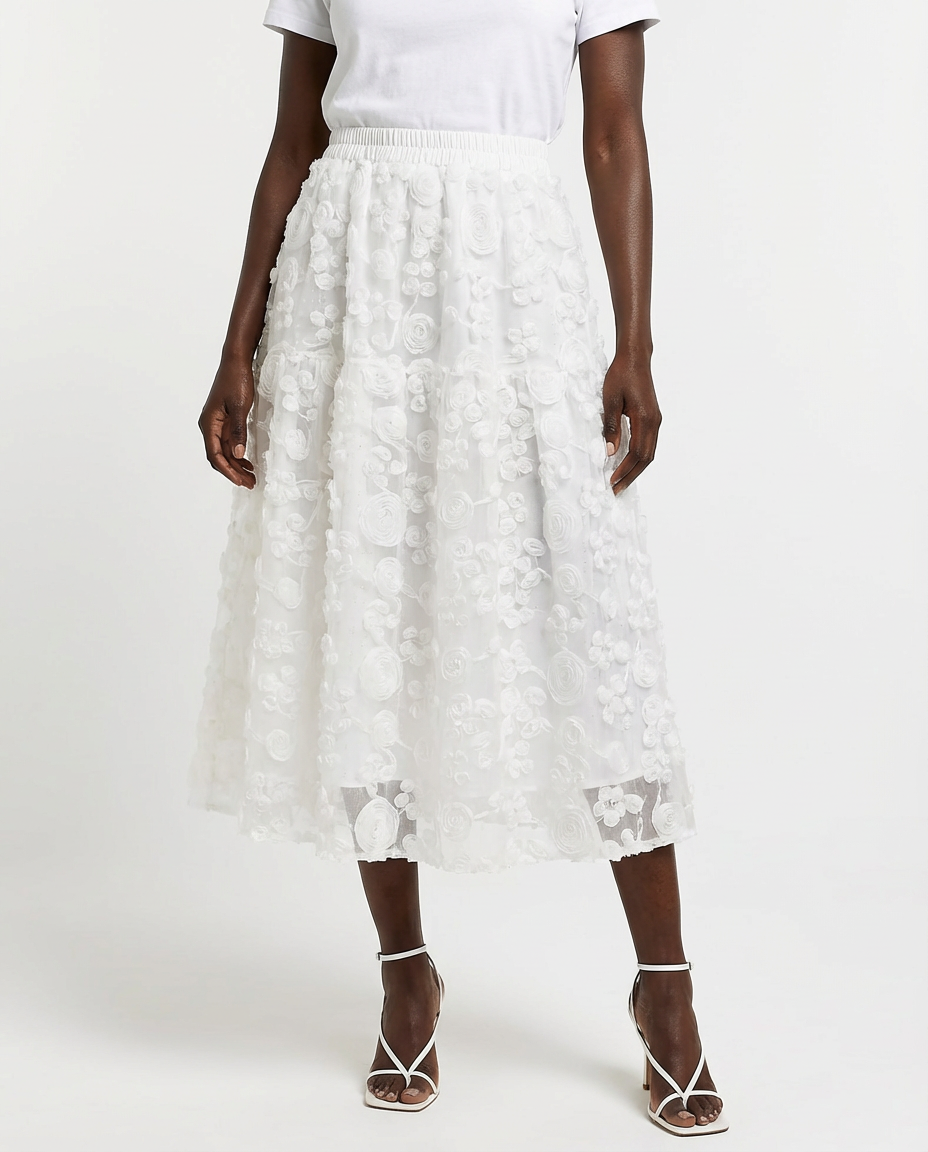 DEAT Women's Skirts 3d Rose Flowers Solid Color A-line Elastic High Waist Sequins Long Skirt Spring 2026 New Fashion 29A5407 - front - White