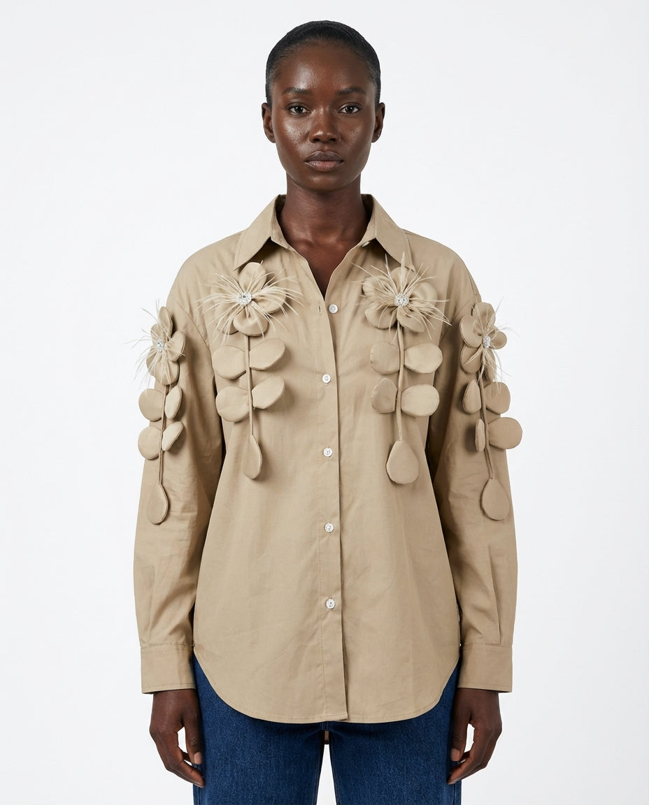 DEAT Women's Shirt Loose Patchwork Flowers Feathers Single Breasted Long Sleeve Thin Blouse Summer 2026 New Fashion 29L9769 - front