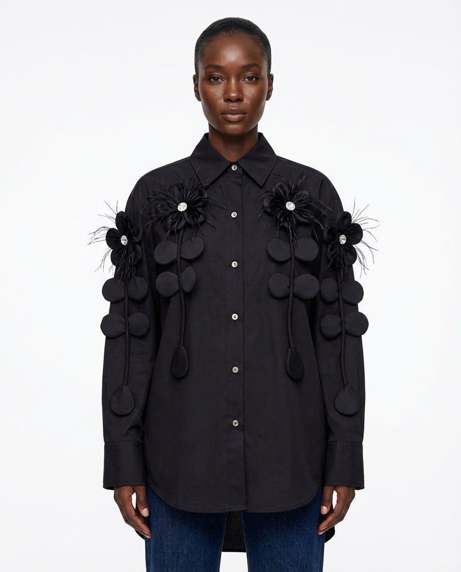 DEAT Women's Shirt Loose Patchwork Flowers Feathers Single Breasted Long Sleeve Thin Blouse Summer 2026 New Fashion 29L9769 - front - Black