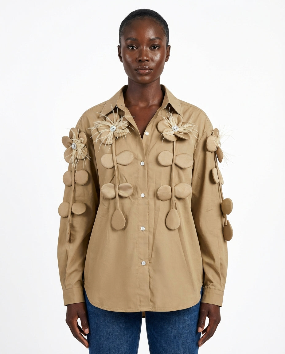 DEAT Women's Shirt Loose Patchwork Flowers Feathers Single Breasted Long Sleeve Thin Blouse Summer 2026 New Fashion 29L9769 - front - Khaki