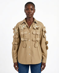 DEAT Women's Shirt Loose Patchwork Flowers Feathers Single Breasted Long Sleeve Thin Blouse Summer 2026 New Fashion 29L9769 - front - Khaki