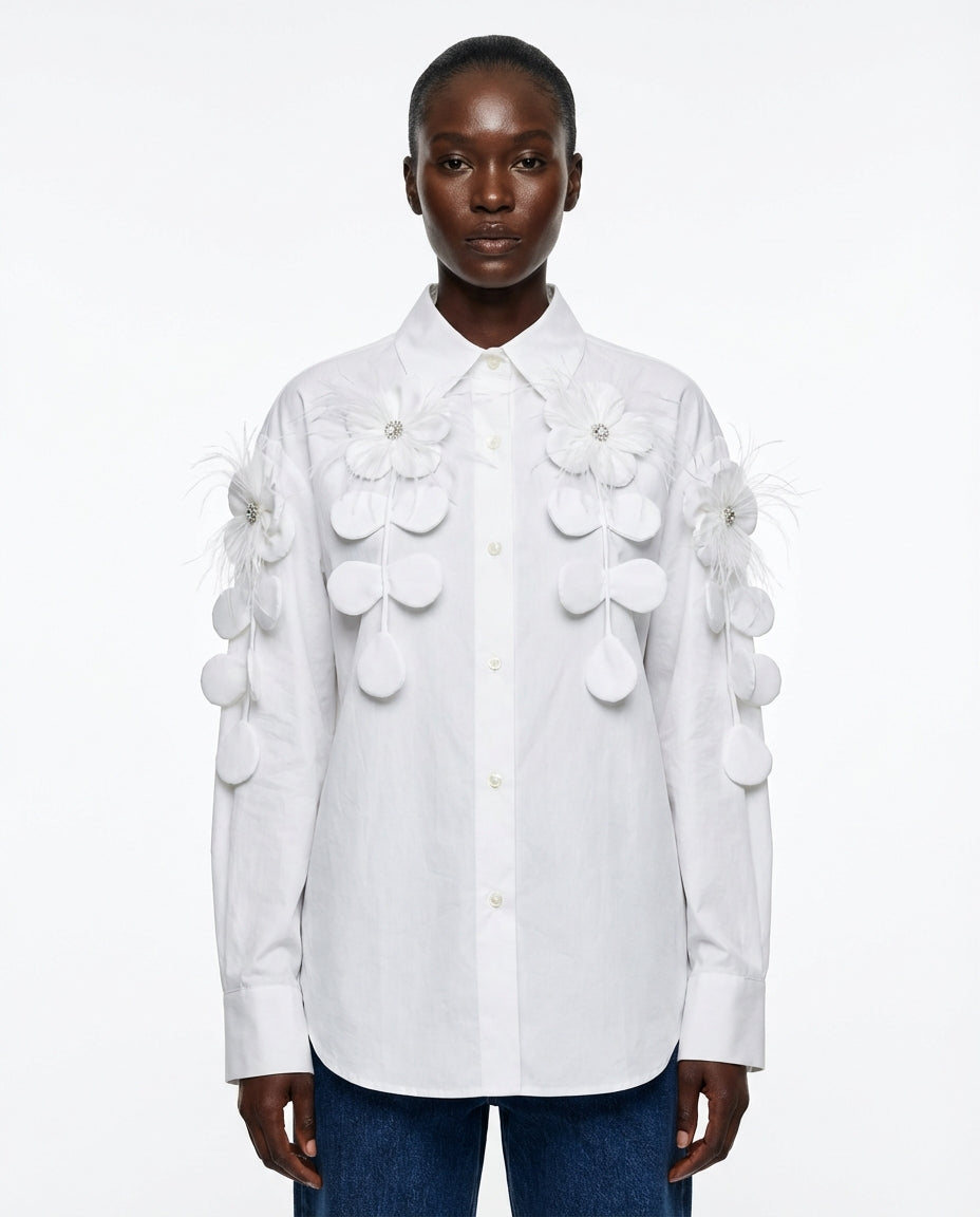 DEAT Women's Shirt Loose Patchwork Flowers Feathers Single Breasted Long Sleeve Thin Blouse Summer 2026 New Fashion 29L9769 - front - White