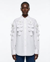 DEAT Women's Shirt Loose Patchwork Flowers Feathers Single Breasted Long Sleeve Thin Blouse Summer 2026 New Fashion 29L9769 - front - White