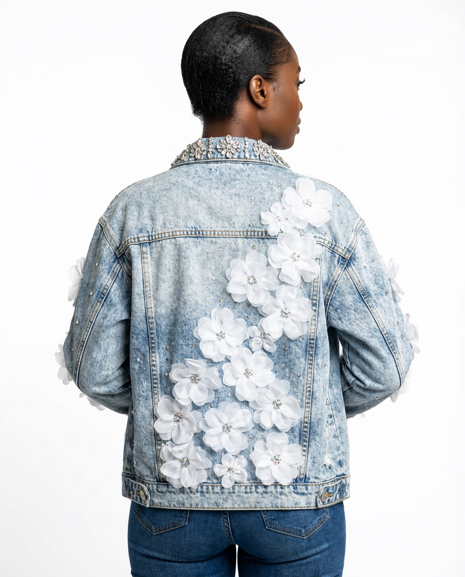 DEAT Women's Denim Coat 3d Flowers Design Rhinestone Long Sleeve Single Breasted Jackets 2026 Spring New Fashion 29A5804 - back