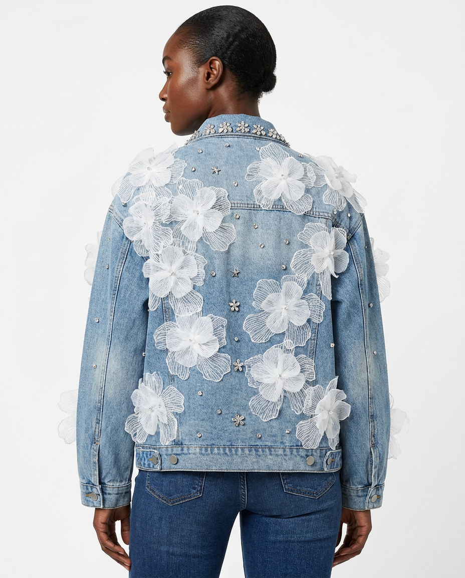DEAT Women's Denim Coat 3d Flowers Design Rhinestone Long Sleeve Single Breasted Jackets 2026 Spring New Fashion 29A5804 - back - Blue