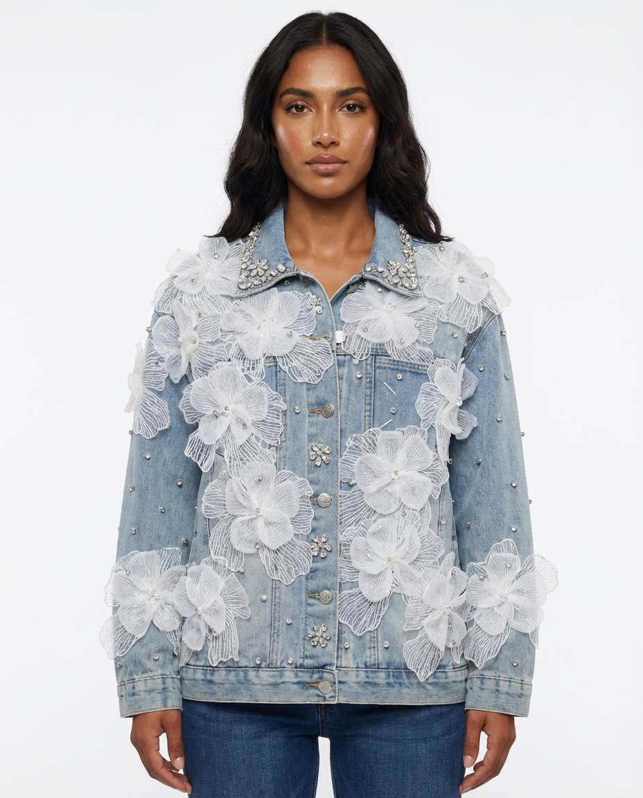 DEAT Women's Denim Coat 3d Flowers Design Rhinestone Long Sleeve Single Breasted Jackets 2026 Spring New Fashion 29A5804 - front