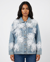 DEAT Women's Denim Coat 3d Flowers Design Rhinestone Long Sleeve Single Breasted Jackets 2026 Spring New Fashion 29A5804 - front - Blue