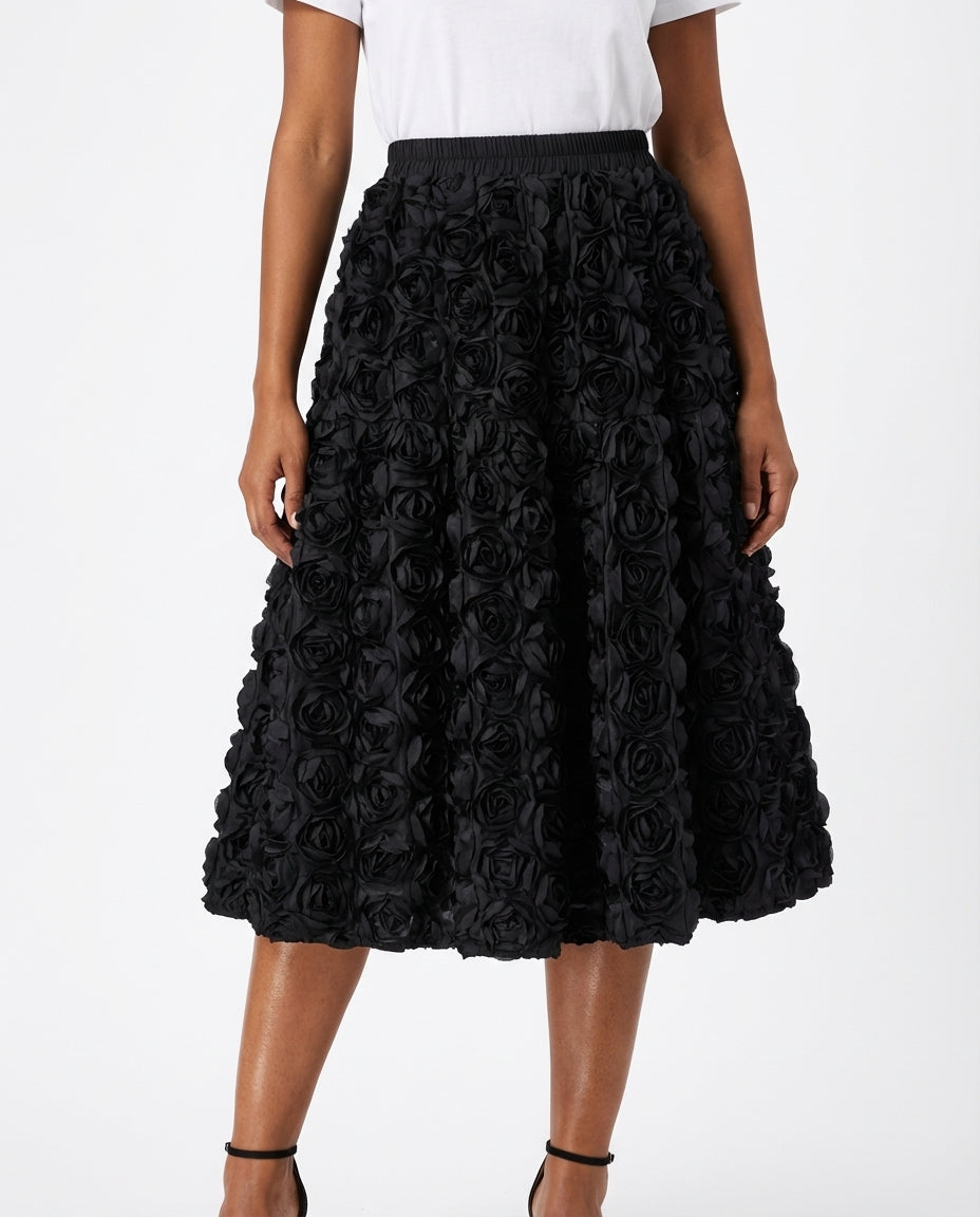 [EWQ] French Elegant Style Three-dimensional Rose Flower High Waist Skirt Summer Solid Color A-line Skirt 2025 Spring 16O4356 - front