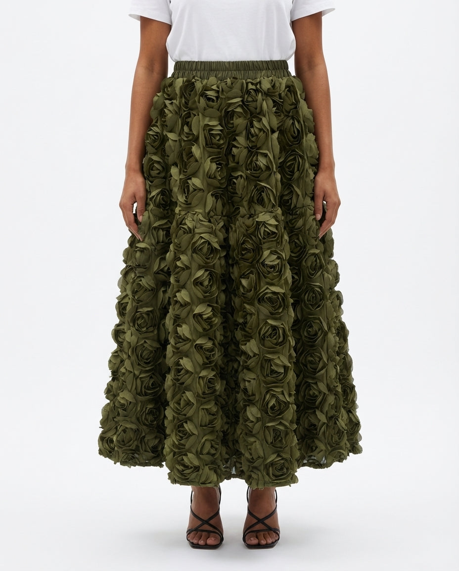 [EWQ] French Elegant Style Three-dimensional Rose Flower High Waist Skirt Summer Solid Color A-line Skirt 2025 Spring 16O4356 - front - Army Green