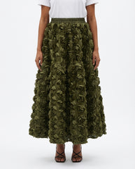 [EWQ] French Elegant Style Three-dimensional Rose Flower High Waist Skirt Summer Solid Color A-line Skirt 2025 Spring 16O4356 - front - Army Green