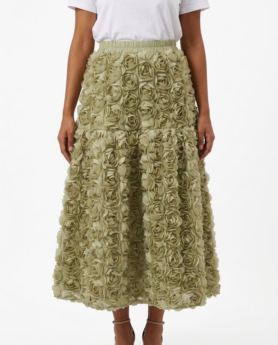 [EWQ] French Elegant Style Three-dimensional Rose Flower High Waist Skirt Summer Solid Color A-line Skirt 2025 Spring 16O4356 - front - As Picture