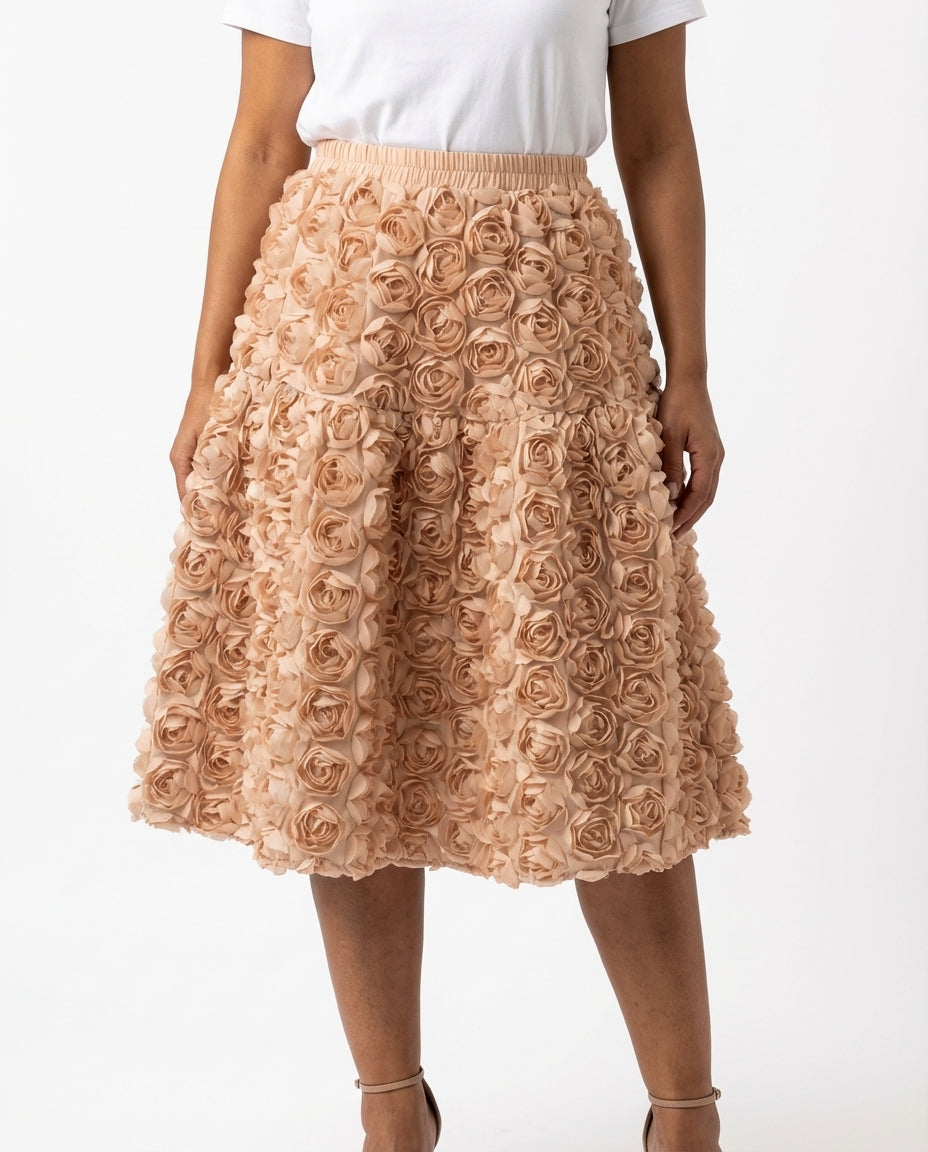[EWQ] French Elegant Style Three-dimensional Rose Flower High Waist Skirt Summer Solid Color A-line Skirt 2025 Spring 16O4356 - front - As Picture 1