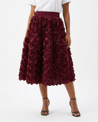 [EWQ] French Elegant Style Three-dimensional Rose Flower High Waist Skirt Summer Solid Color A-line Skirt 2025 Spring 16O4356 - front - Claret