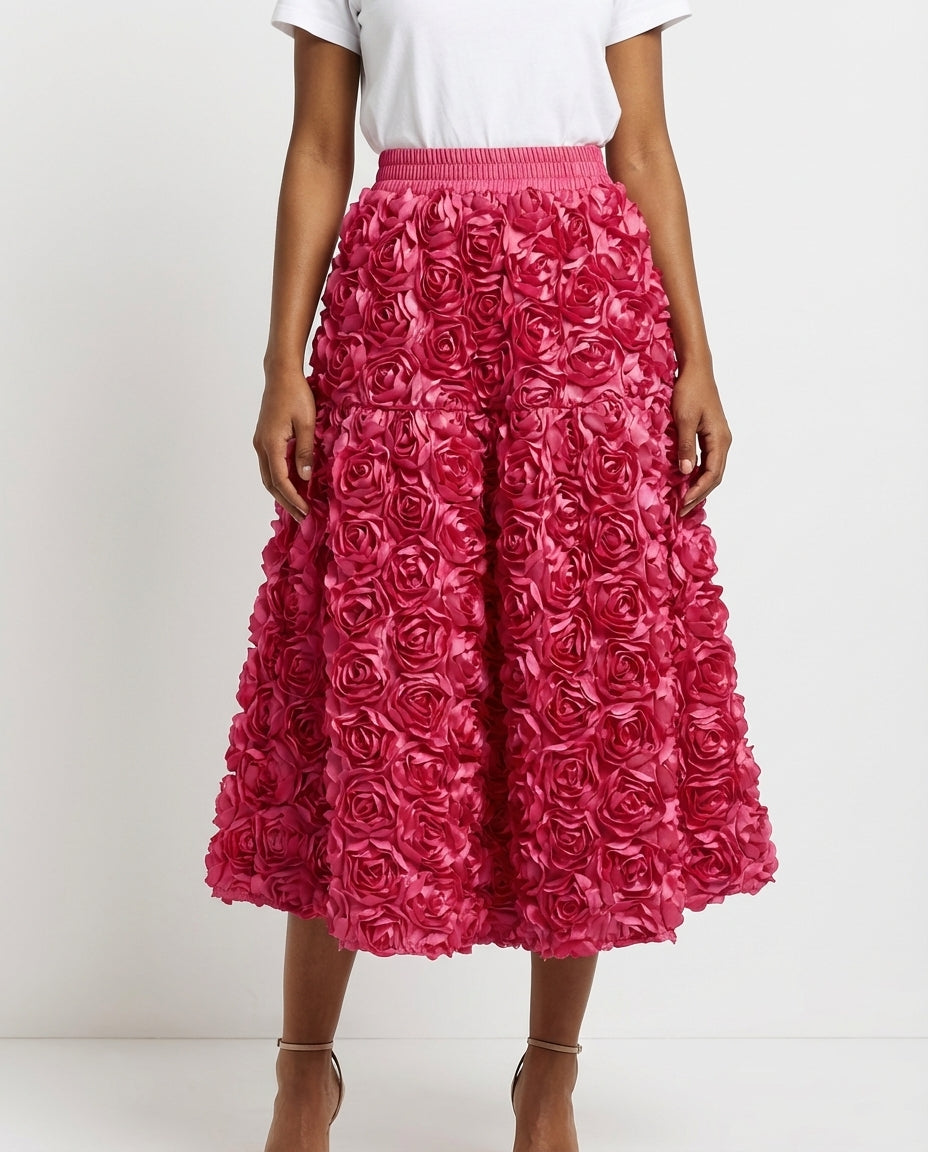 [EWQ] French Elegant Style Three-dimensional Rose Flower High Waist Skirt Summer Solid Color A-line Skirt 2025 Spring 16O4356 - front - Rose Red