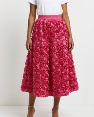 [EWQ] French Elegant Style Three-dimensional Rose Flower High Waist Skirt Summer Solid Color A-line Skirt 2025 Spring 16O4356 - front - Rose Red