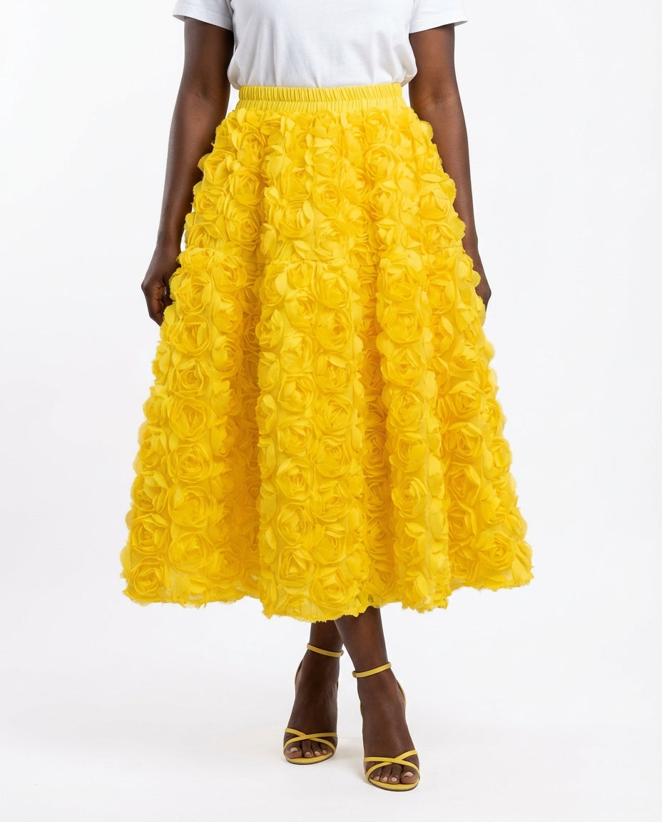 DEAT Women's Skirt Elastic Waist A-line 3d Rose Flowers Design Pleated Elegant Long Skirts 2026 New Fashion Spring 33A1846 - front