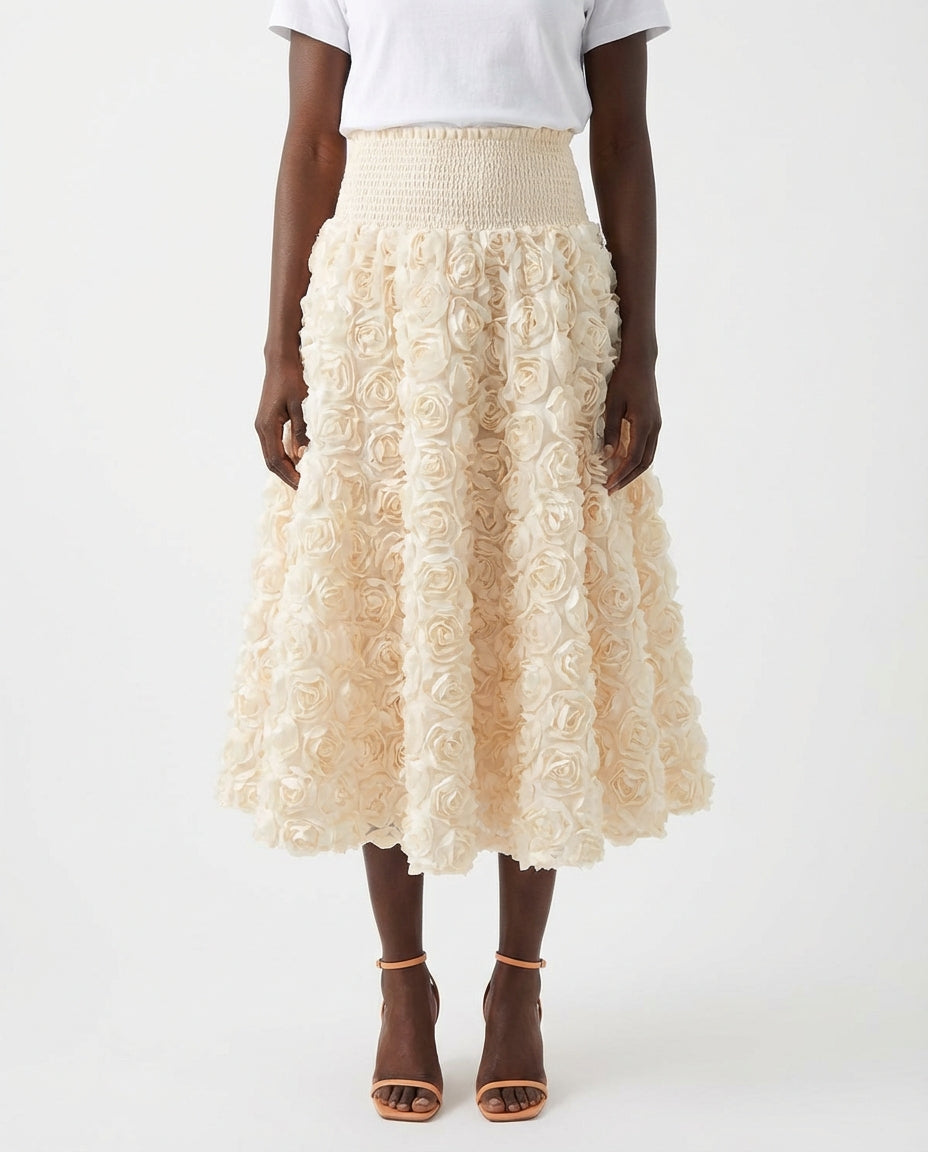 DEAT Women's Skirt Elastic Waist A-line 3d Rose Flowers Design Pleated Elegant Long Skirts 2026 New Fashion Spring 33A1846 - front - Apricot