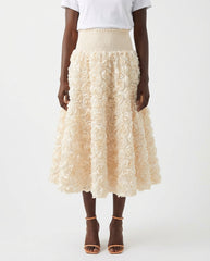 DEAT Women's Skirt Elastic Waist A-line 3d Rose Flowers Design Pleated Elegant Long Skirts 2026 New Fashion Spring 33A1846 - front - Apricot