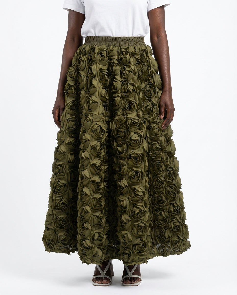 DEAT Women's Skirt Elastic Waist A-line 3d Rose Flowers Design Pleated Elegant Long Skirts 2026 New Fashion Spring 33A1846 - front - Army Green