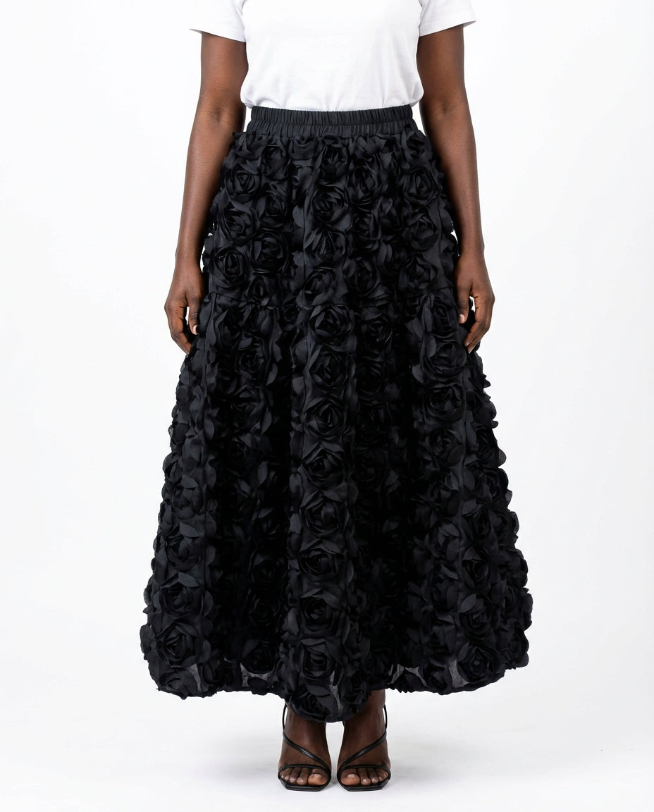 DEAT Women's Skirt Elastic Waist A-line 3d Rose Flowers Design Pleated Elegant Long Skirts 2026 New Fashion Spring 33A1846 - front - Black