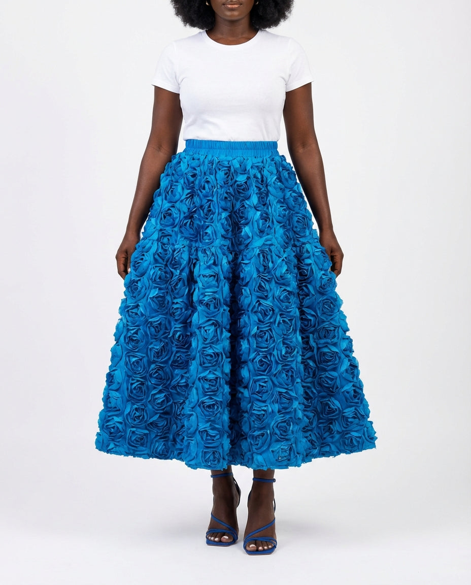 DEAT Women's Skirt Elastic Waist A-line 3d Rose Flowers Design Pleated Elegant Long Skirts 2026 New Fashion Spring 33A1846 - front - blue