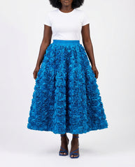 DEAT Women's Skirt Elastic Waist A-line 3d Rose Flowers Design Pleated Elegant Long Skirts 2026 New Fashion Spring 33A1846 - front - blue