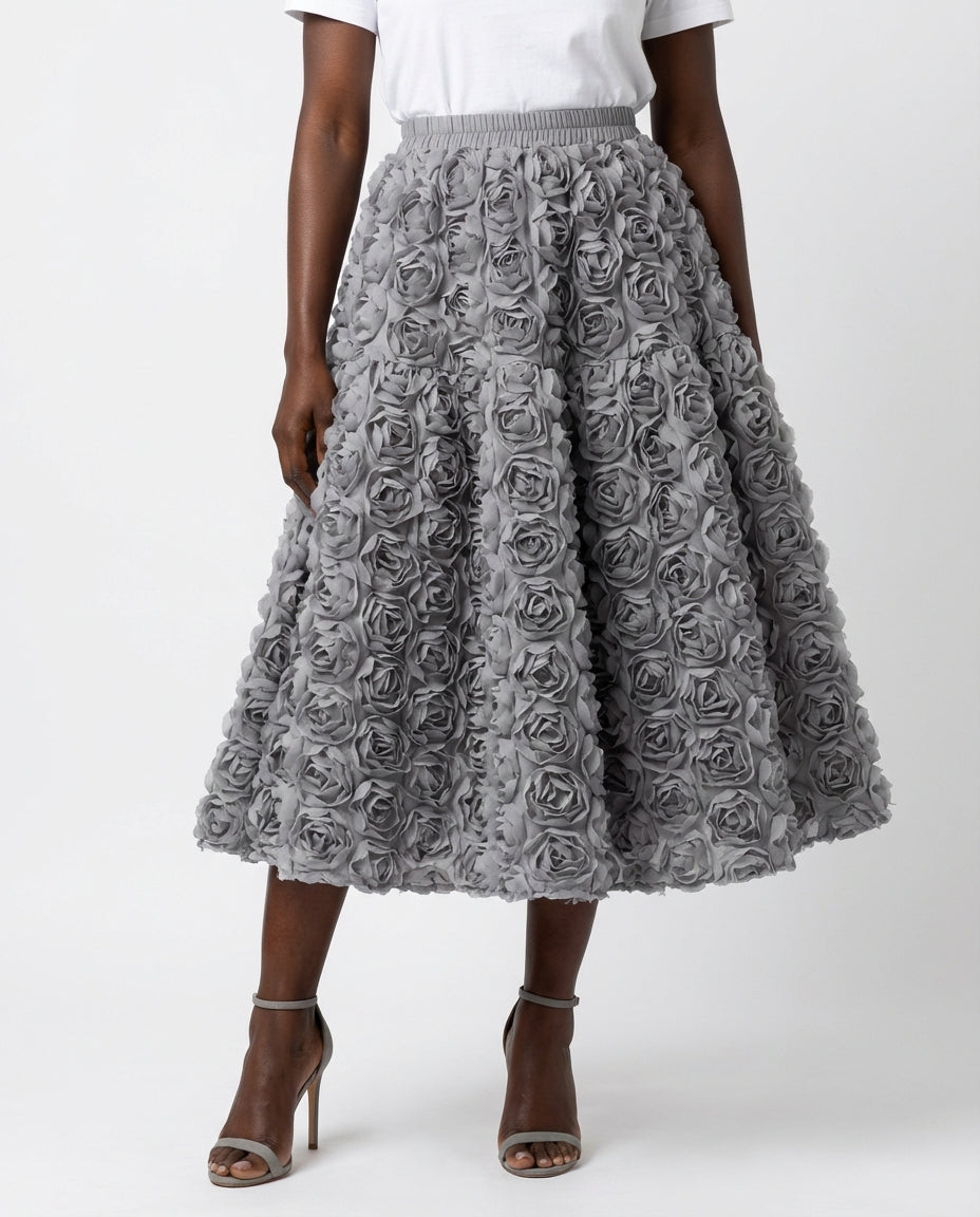 DEAT Women's Skirt Elastic Waist A-line 3d Rose Flowers Design Pleated Elegant Long Skirts 2026 New Fashion Spring 33A1846 - front - grey