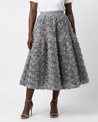 DEAT Women's Skirt Elastic Waist A-line 3d Rose Flowers Design Pleated Elegant Long Skirts 2026 New Fashion Spring 33A1846 - front - grey