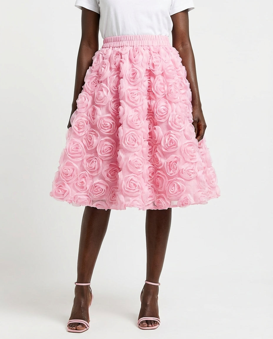 DEAT Women's Skirt Elastic Waist A-line 3d Rose Flowers Design Pleated Elegant Long Skirts 2026 New Fashion Spring 33A1846 - front - light pink