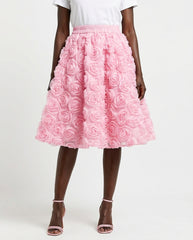 DEAT Women's Skirt Elastic Waist A-line 3d Rose Flowers Design Pleated Elegant Long Skirts 2026 New Fashion Spring 33A1846 - front - light pink